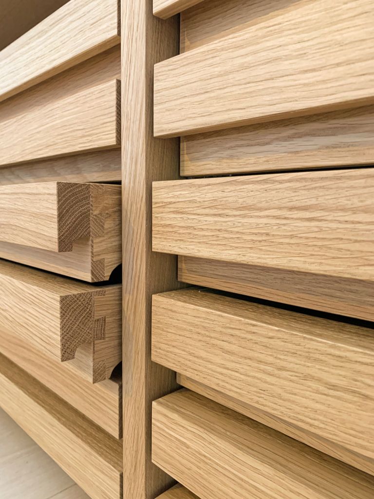 dovetail jointed drawer on oak plan chest