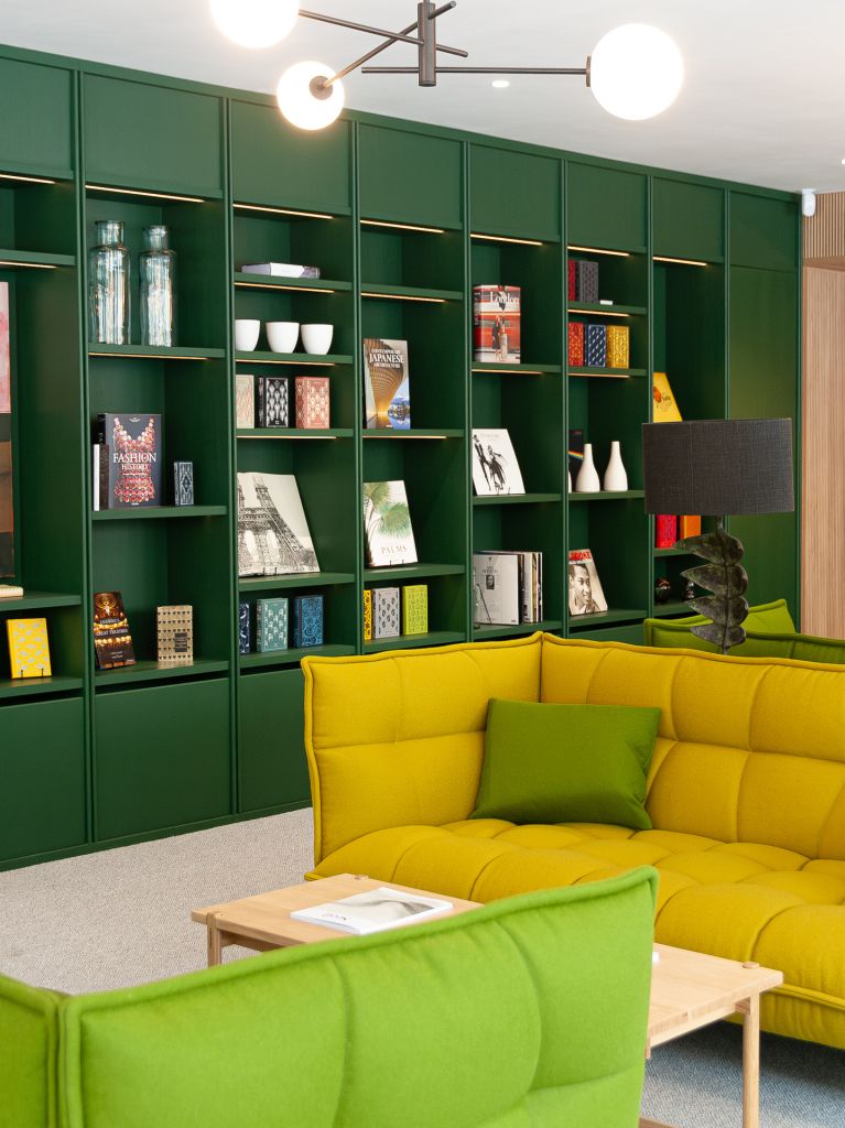 shelving display unit in green with led lighting
